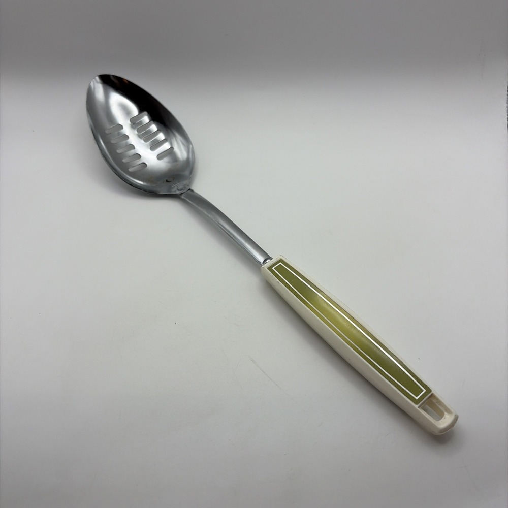 Vintage EKCO Chromium Plated Slotted Spoon With White/Green Plastic Handle 12.5"